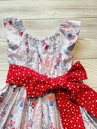 Size 3 Peasant Style Dress made with Patriotic Firework fabric