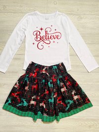 Christmas Skirt Set, Believe,  Holiday Skirt Set, Special Occasion Skirt Set, Reindeer Skirt, Size 7/8