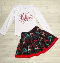 Christmas Skirt Set, Believe,  Holiday Skirt Set, Special Occasion Skirt Set, Reindeer Skirt, Size 7/8