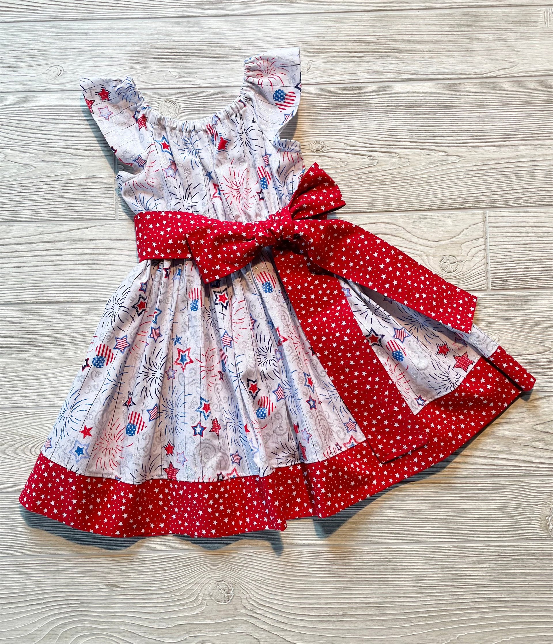 Size 3 Peasant Style Dress made with Patriotic Firework fabric