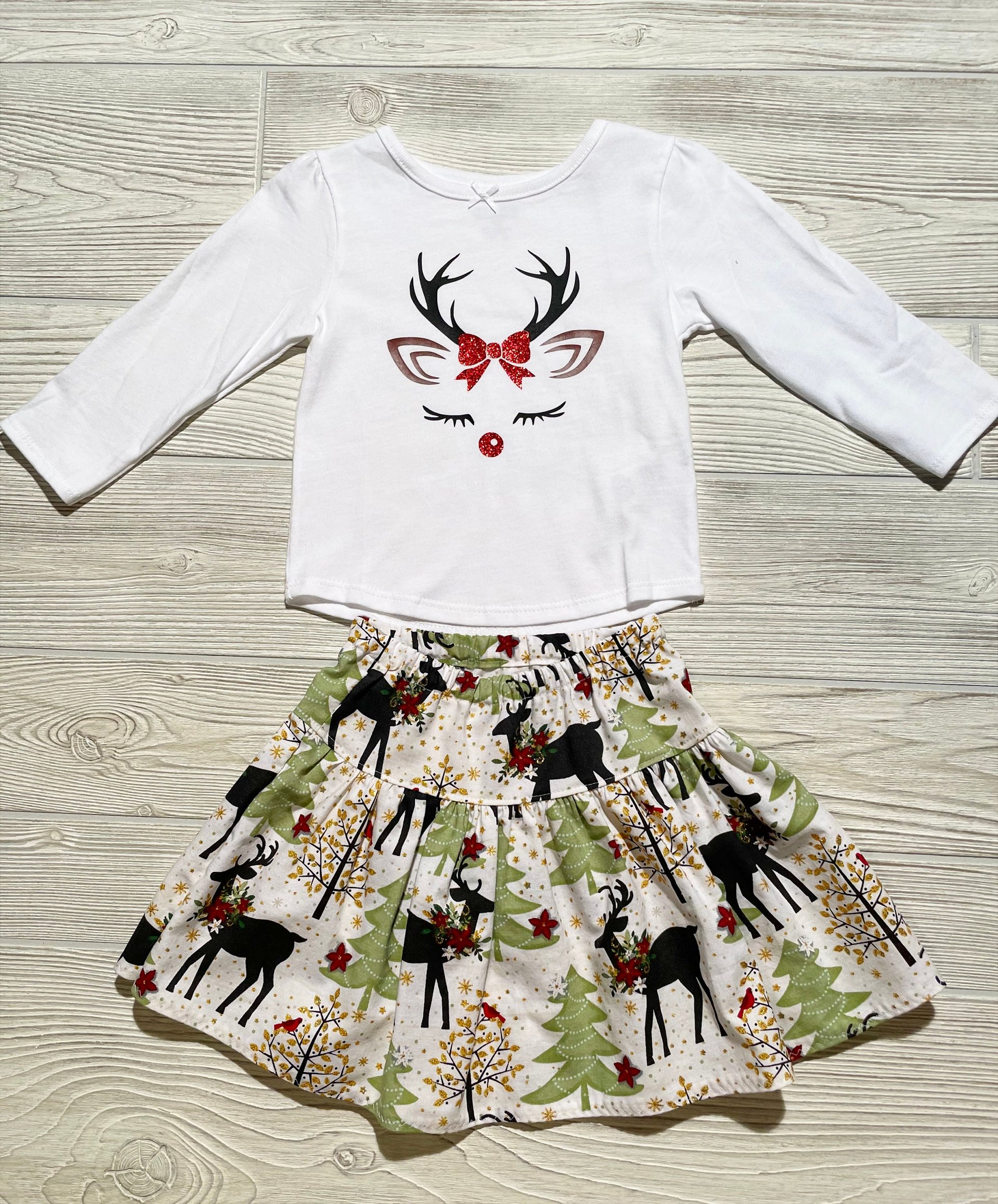 White Christmas Reindeer Skirt Set Size 12 months