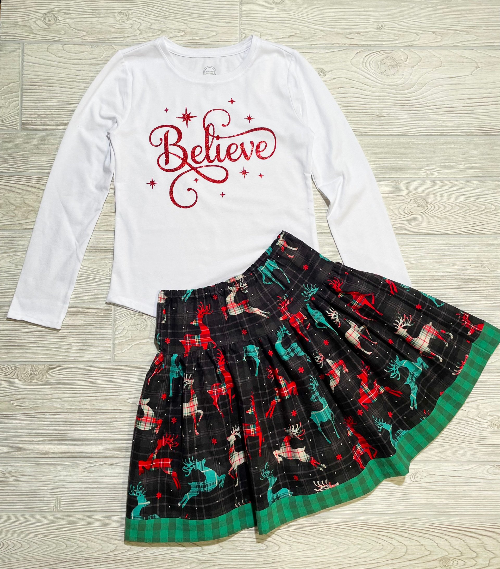 Christmas Skirt Set, Believe,  Holiday Skirt Set, Special Occasion Skirt Set, Reindeer Skirt, Size 7/8