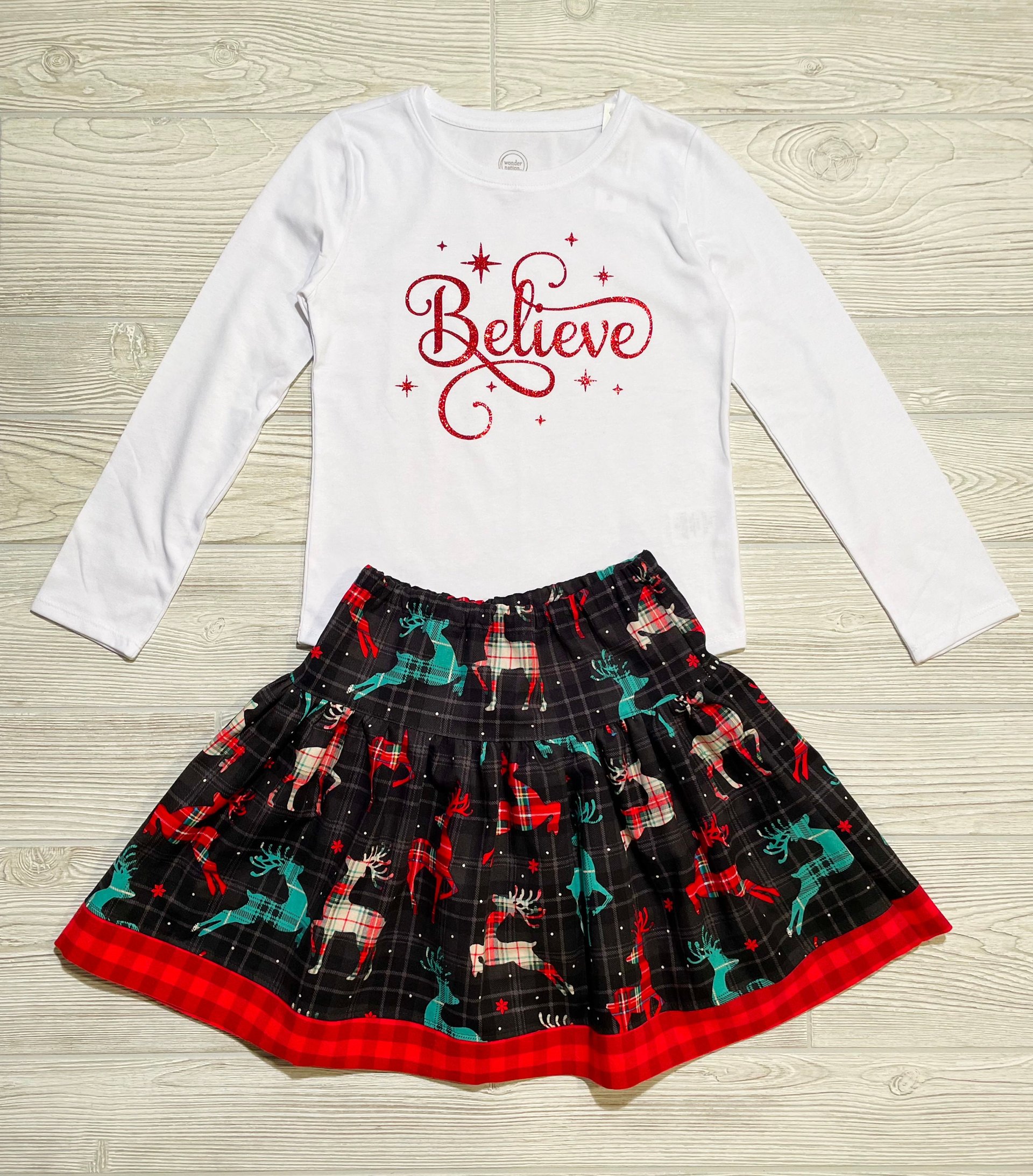 Christmas Skirt Set, Believe,  Holiday Skirt Set, Special Occasion Skirt Set, Reindeer Skirt, Size 7/8