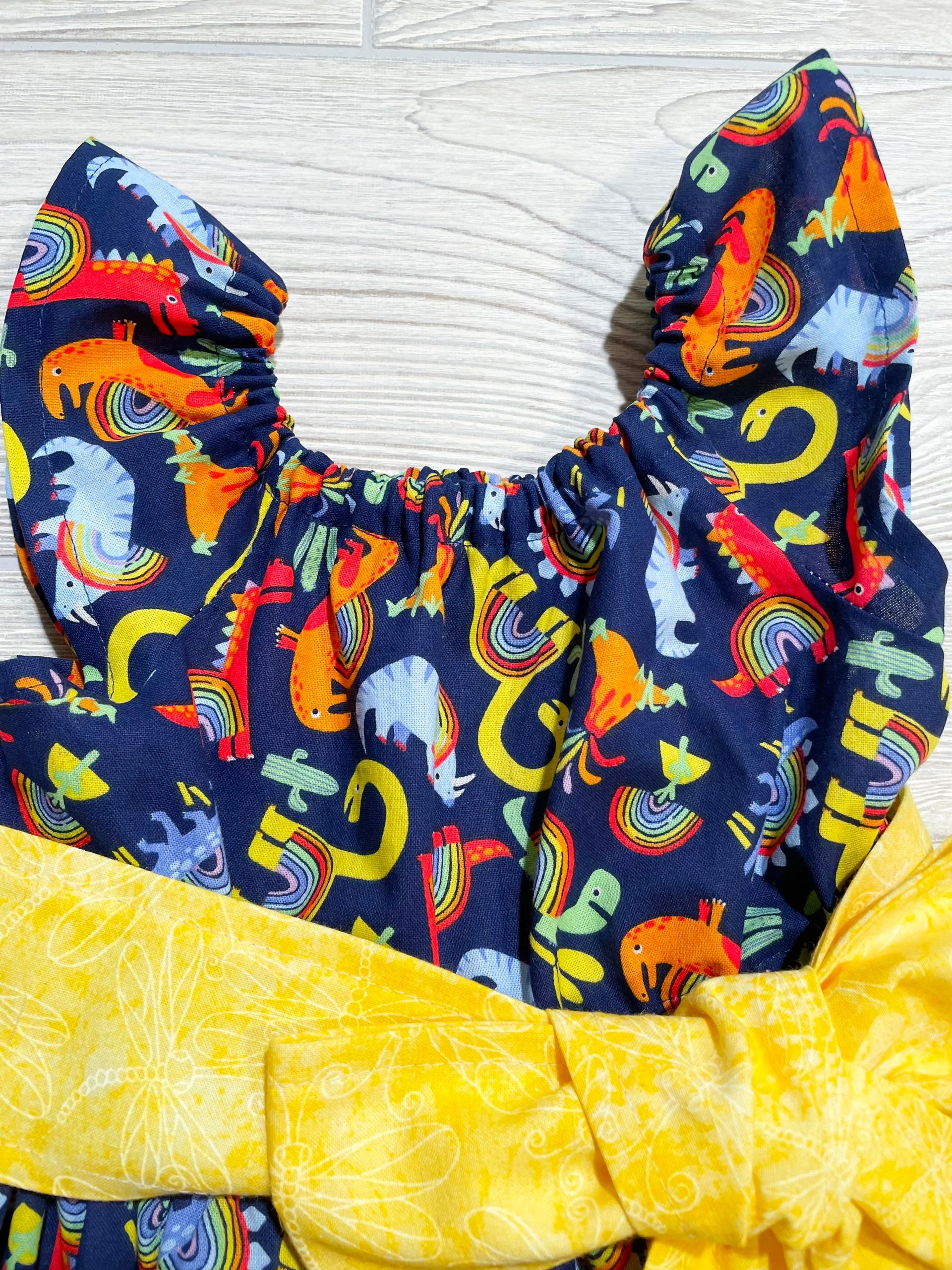 Peasant Style Dress, Dinosaur Fabric, Rainbow Dress, Dinosaur Dress, Birthday party dress, Easter Dress