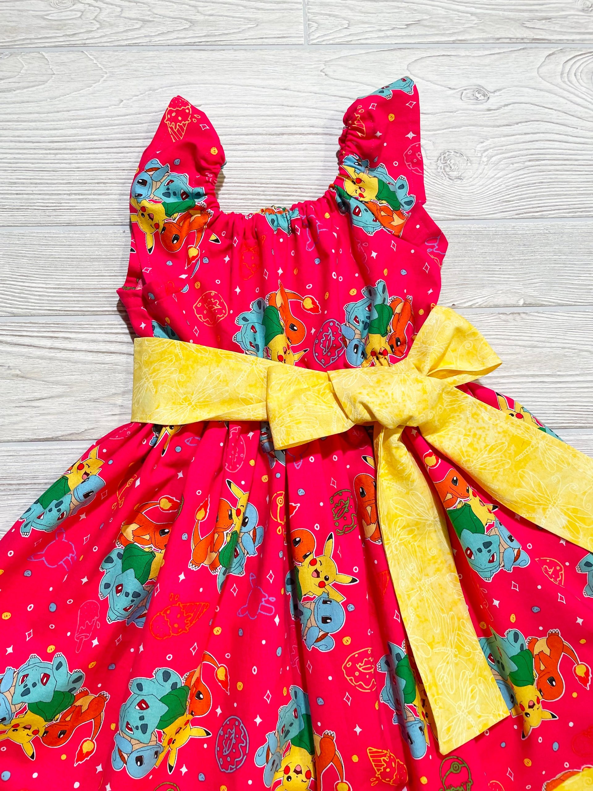 Peasant Style Dress made with Pokémon fabric, Birthday party dress